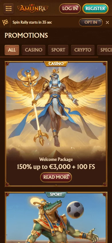 Amunra Casino mobile promotions area with available offers