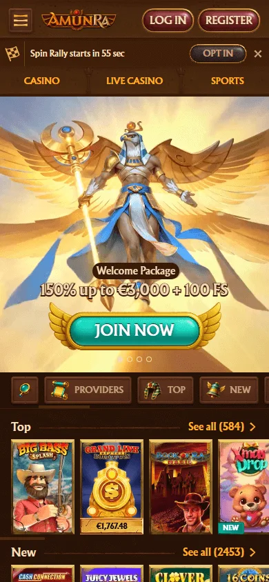 Amunra Casino mobile browser home interface on a smartphone