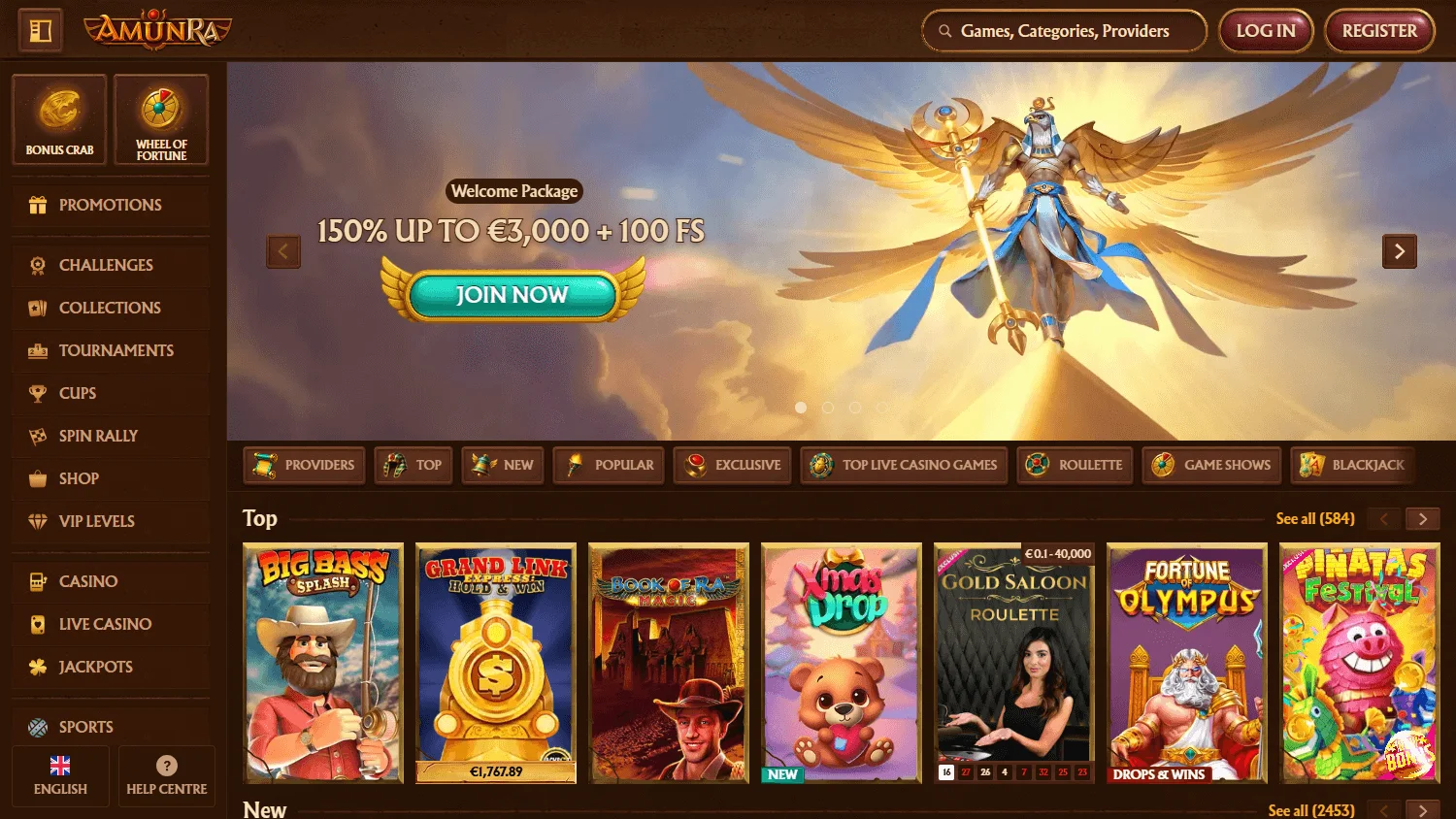 Amunra Casino desktop home interface with casino navigation and account features