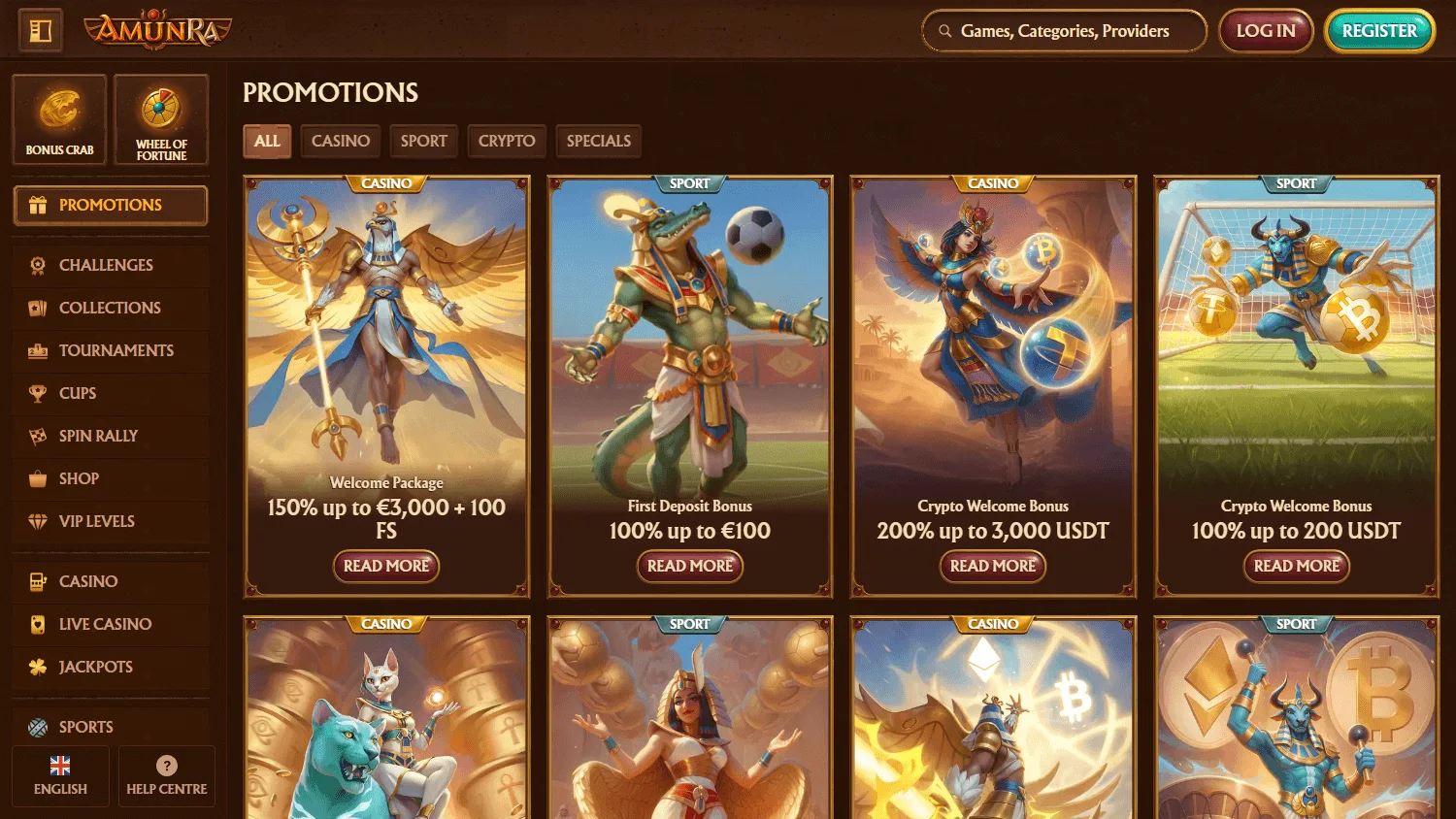 Amunra Casino desktop promotions area with welcome and ongoing offers