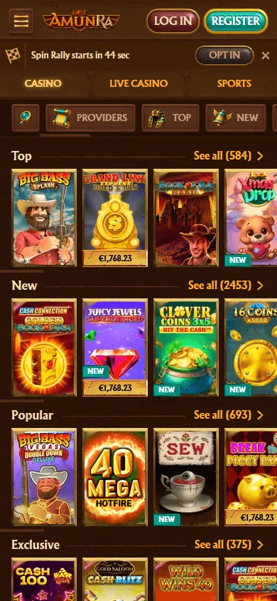 Amunra Casino mobile games lobby with casino categories