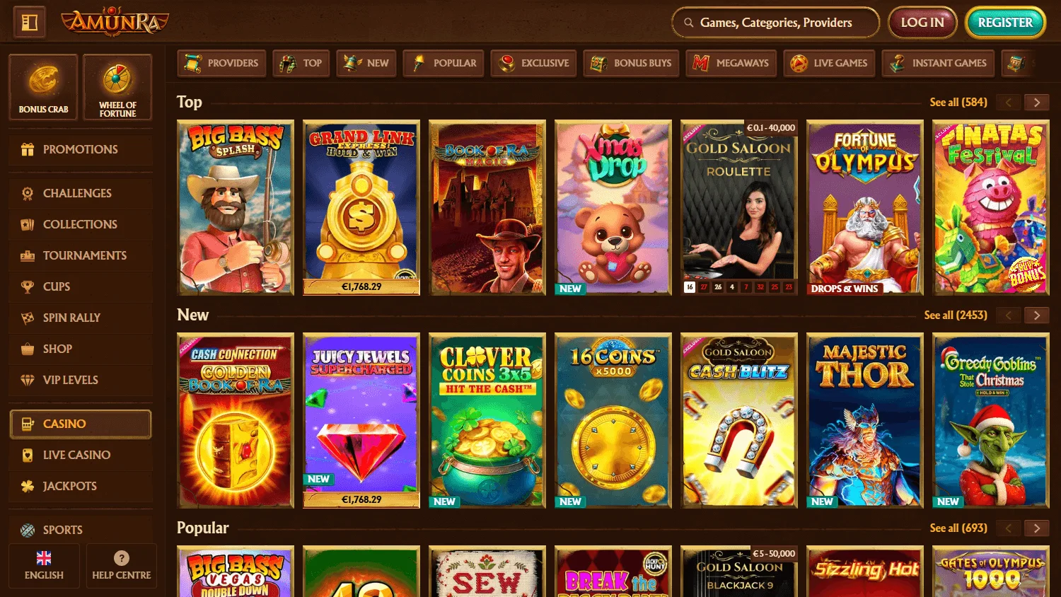 Amunra Casino desktop games lobby with slots and live casino categories